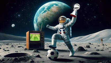 Obraz premium Astronaut Holding Silver Trophy with TV Screen on Moon