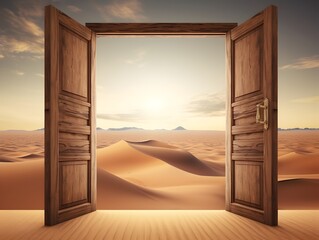 Opened Wooden Door Revealing Expansive Desert Landscape with Dunes and Dramatic Sky Signifying New Opportunities and Unexplored Potential