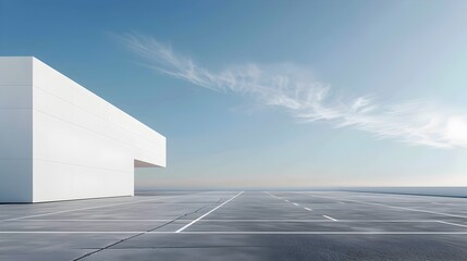 Sleek and Minimal White Architectural Design with Vast Empty Parking Lot in Urban Industrial Setting