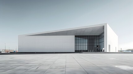Obraz premium Sleek Minimalist Concrete Building in Vast Industrial Architectural Plaza