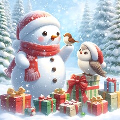 Painting of a snowman with a bird on his hand and presents around him.
