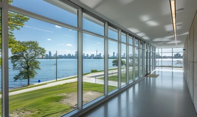 architectural interior of a Industrial facility with big windows and a view