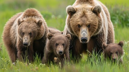 Fototapeta premium mother bear and cute baby bear, happy bear family,