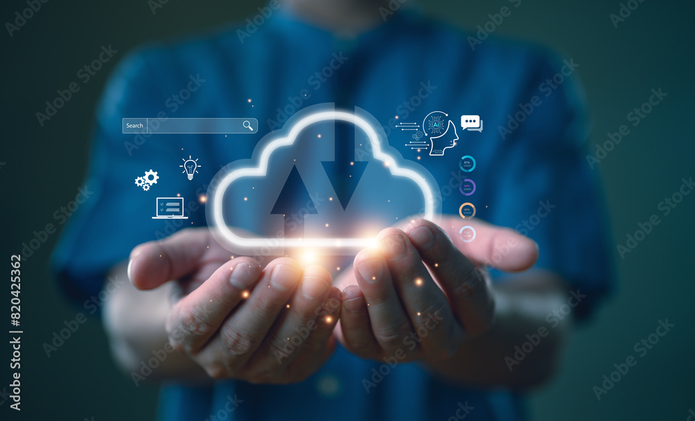 Aufkleber Businessman Show technology with cloud computing diagram show on hand. Cloud technology. Data storage. Networking and internet service concept.