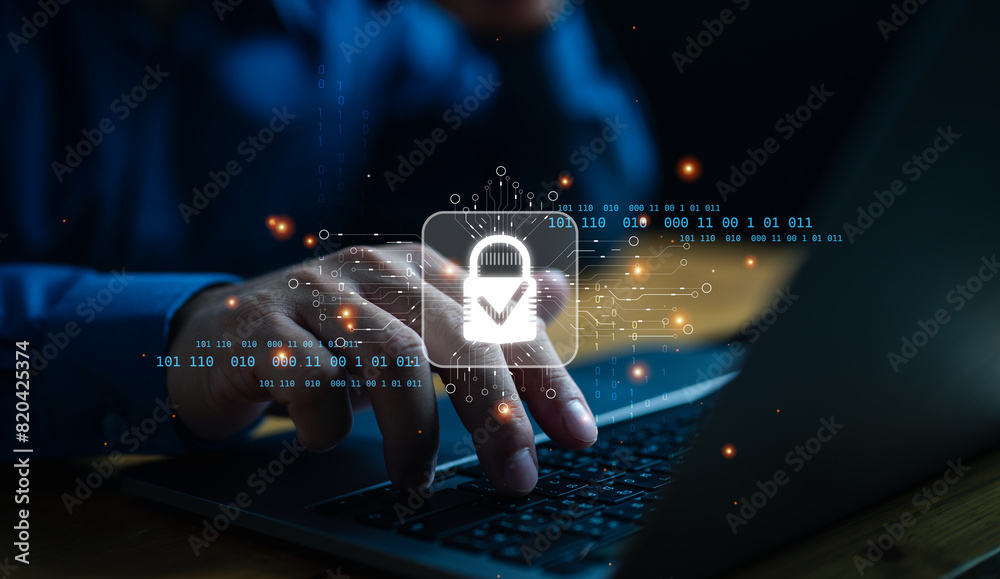 Aufkleber Cybersecurity and privacy concepts to protect data. Lock icon and internet network security technology. Businessman protecting personal data on computer, virtual screen interfaces. Cybersecurity.