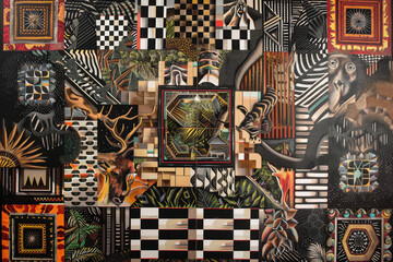 A collage of different images including a monkey, a deer, and a building