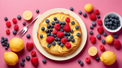 inventive recipe template. Fruits are arranged in a pink and yellow background surrounding a pastry dish with blueberries, raspberries, lemon curd, and cream. duplicate the text area. upper view. flat