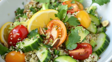 Quinoa Salad - A salad that uses quinoa as a base. Loaded with a variety of fresh vegetables such as tomatoes, cucumbers, avocados, and nuts, topped with a lemon or balsamic vinaigrette.