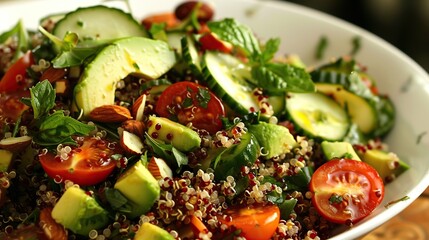 Quinoa Salad - A salad that uses quinoa as a base. Loaded with a variety of fresh vegetables such as tomatoes, cucumbers, avocados, and nuts, topped with a lemon or balsamic vinaigrette.