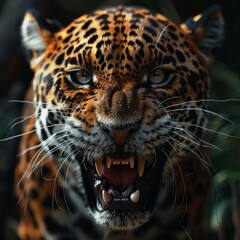 A jaguar is shown with its mouth open, showing its teeth