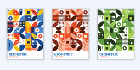 Fototapeta premium Color neo geo poster. Modern grid flyer with geometric shapes, geometry graphics and abstract background set. Geometry grid pattern banner vivid presentation illustration