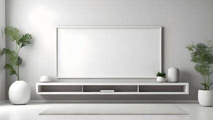 imaginative interior design. Abstract white-grey wall space including a console shelf and an empty, blank television frame. A product presentation template. 3D rendering mockup. duplicate text area