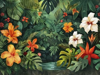Fototapeta premium lush tropical leaves and flowers