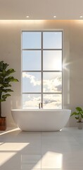 A modern bathroom with large windows, light beige walls and white bathtub, a view of the sky outside, soft daylight shining through the window