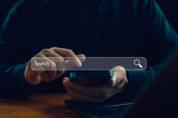 Data Search Technology, Search Engine Optimization. Man's hands are using a smartphone to searching...