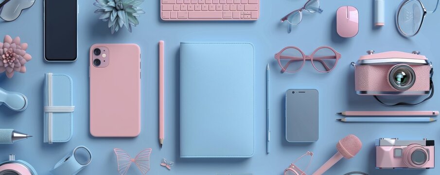 Workspace with pink pastel office supplies on blue background. Top view. Flat lay.