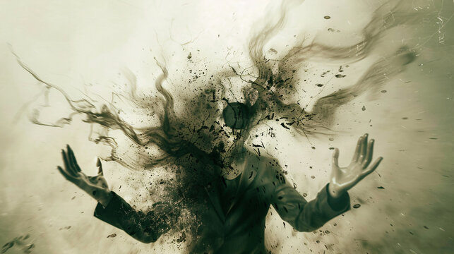 3. Stock photo of a person with an extra head and limbs, blurred and grainy, with poorly drawn features and disfigured anatomy, surrounded by floating and twisted body parts