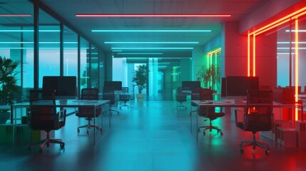 A neon lit office with a few chairs and a few desks