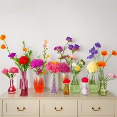 Vases with fresh flowers resting on a dresser. A collection of vases filled with vibrant flowers arranged on a dresser. A colorful display of nature's beauty.