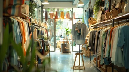 Naklejka premium Trendy boutique shop interior featuring stylish clothing racks, accessories, and vibrant decor.