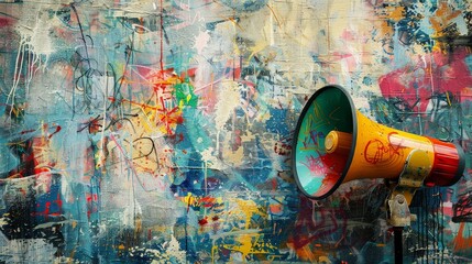 Vibrant graffiti-covered wall with a colorful megaphone on a stand