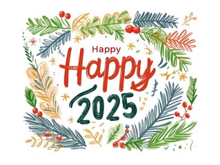 happy 2025 illustration with christmas elements on a white background
