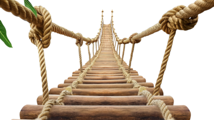 A suspension bridge made of wood and hemp rope isolated on a transparent background