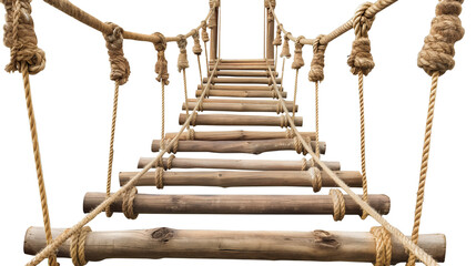 A suspension bridge made of wood and hemp rope isolated on a transparent background