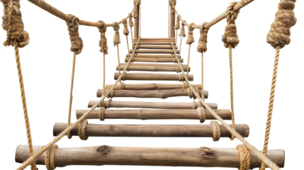 A suspension bridge made of wood and hemp rope isolated on a transparent background