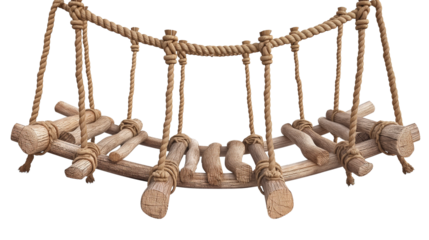 A suspension bridge made of wood and hemp rope isolated on a transparent background