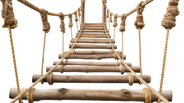 A suspension bridge made of wood and hemp rope isolated on a transparent background