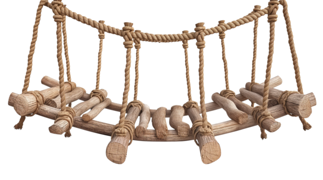 A suspension bridge made of wood and hemp rope isolated on a transparent background