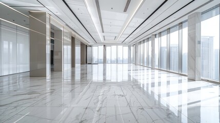 commercial office building empty interior with white marble floor, very clean and minimal look
