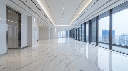 commercial office building empty interior with white marble floor, very clean and minimal look
