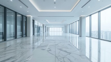 commercial office building empty interior with white marble floor, very clean and minimal look

