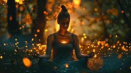 Women practice yoga meditation in nature, reaching mindfulness, spiritual awareness and nirvana.