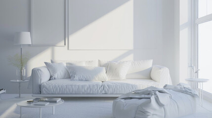 A white living room with a white couch and white pillows