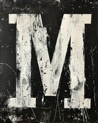 M capital letter, white paint distressed and grunge on a black background