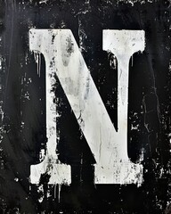 N capital letter, white paint distressed and grunge feel on a black background