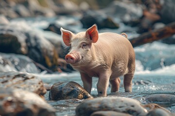 a cute pig on the bank of a river flowing over rocks