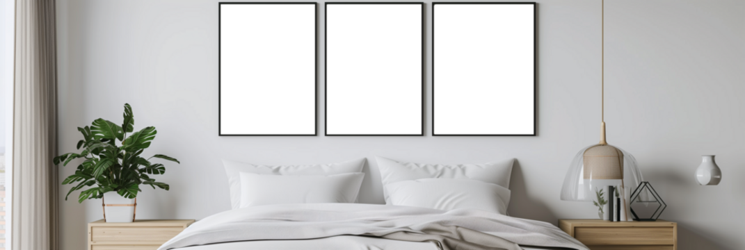 Vertical frame poster mock-up on an empty white wall in bedroom with a bed and potted plants