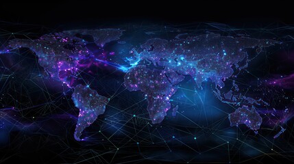 world map made up of dots, modern and technological blue-violet color with shinny lines, dark background
