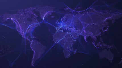 world map made up of dots, modern and technological blue-violet color with shinny lines, dark background
