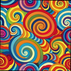 Seamless pattern of psychedelic swirls and spirals in vibrant rainbow colors, evoking the spirit of the 1960s, Generative AI