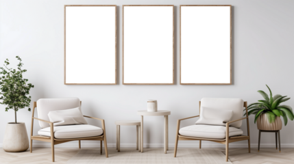 Living room interior design inspiration with empty poster frames and comfortable armchairs