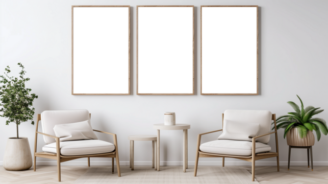 Living room interior design inspiration with empty poster frames and comfortable armchairs