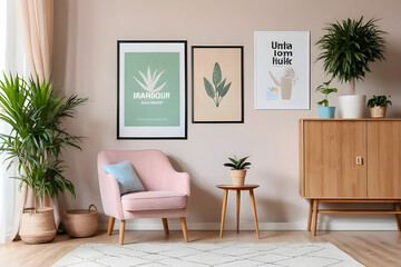 Pastel armchair next to a wooden cupboard with poster and plant in living room interior