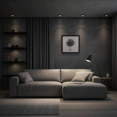 Mockup dark blue wall of living room with leather sofa on wood flooring- 3D rendering