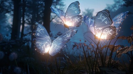 Picture a scene in a lush, vibrant rainforest where glassy butterflies flutter near a clear, reflective water body