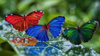  A collection of transparent, shiny butterflies with wings that mimic the look of stained glass, set against a sunset-colored gradient background.